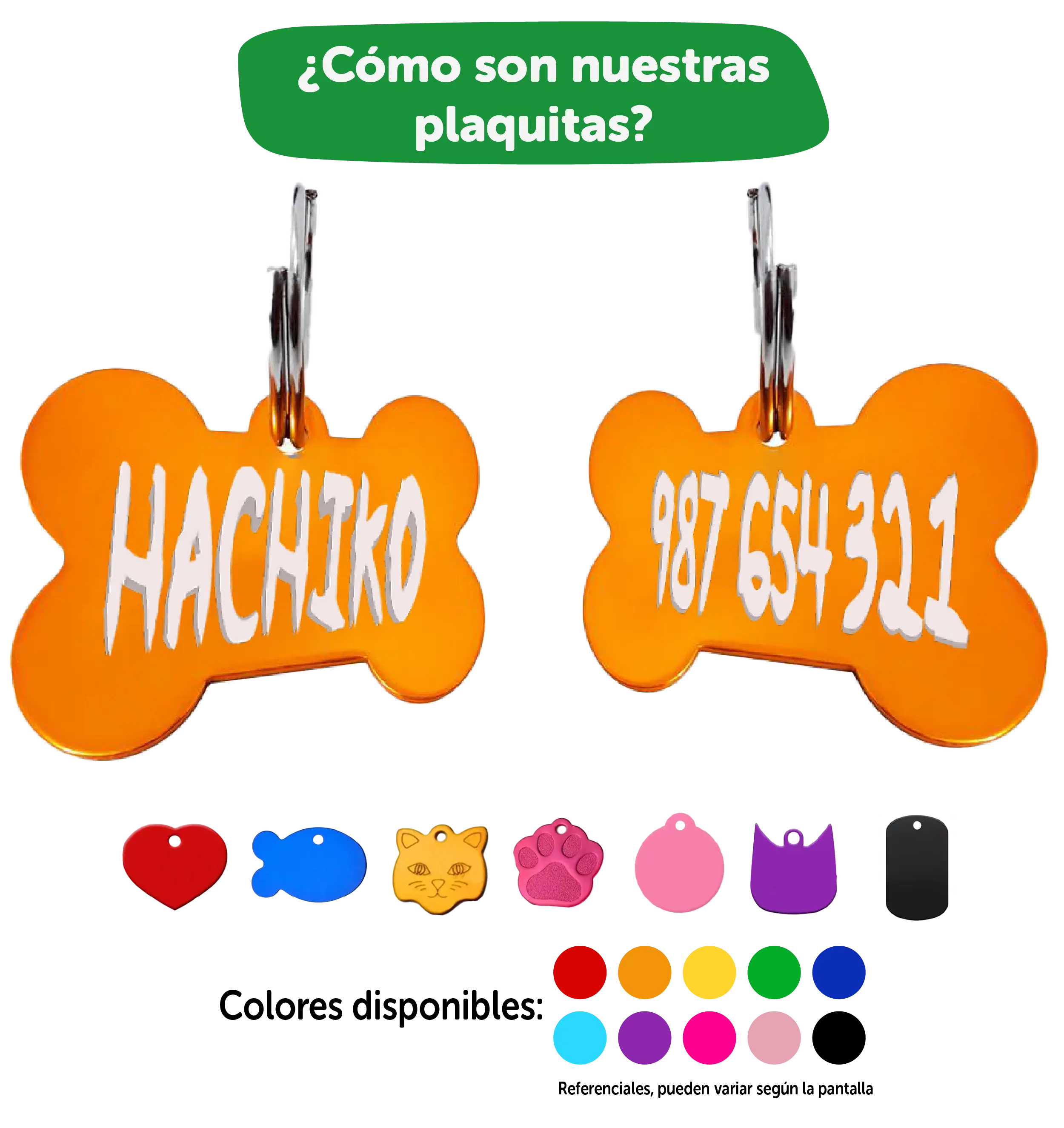 Plaquita dorada grabada con nombre y número